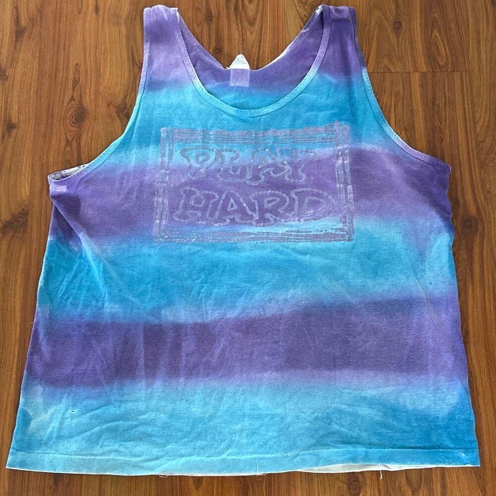 Silver screen tee's 80s vintage tie-dye blue purple play hard silk screened sing